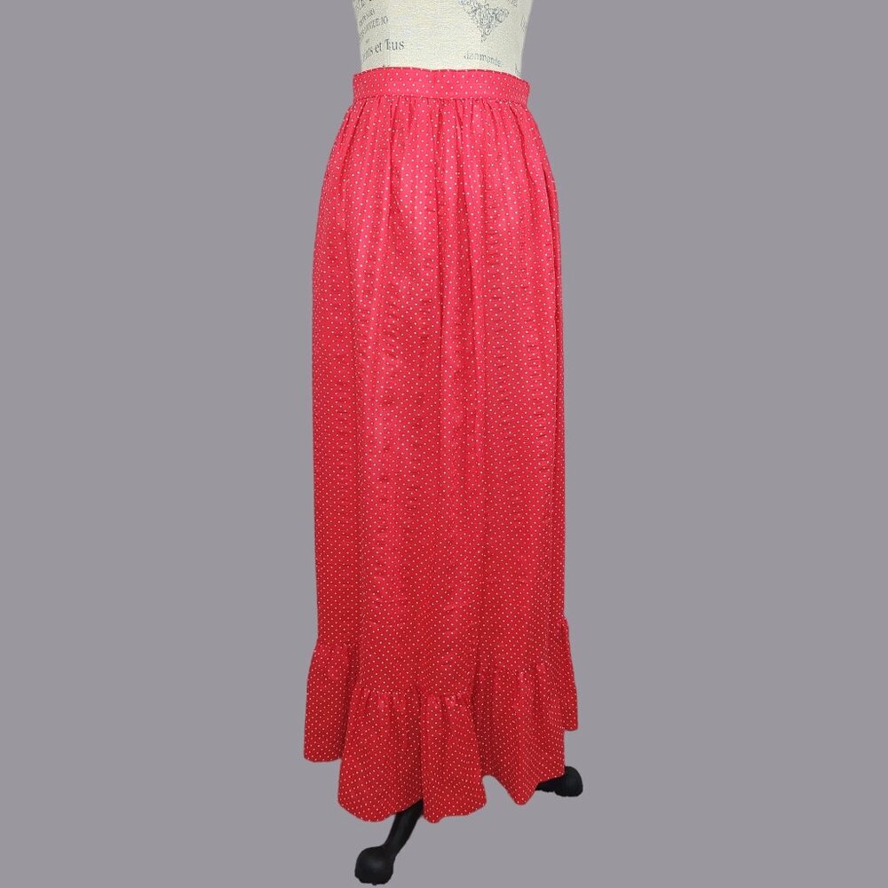 Vintage 70s Prairie Maxi Skirt X Small 2 Red Ruffle Polka Dot Paddle Saddle